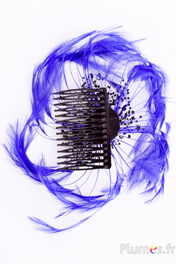 Bijou en plumes de coq - sur peigne - bleu